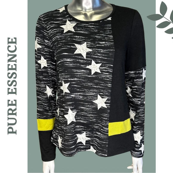 Pure  Essence Long Sleeve Knit Top Color Block Star Print Back Yellow White - Picture 1 of 8